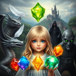 A young blonde girl with blue eyes, surrounded by five elements: a white feather, a water gem, a fire gem, a translucent gem, and an earth gem