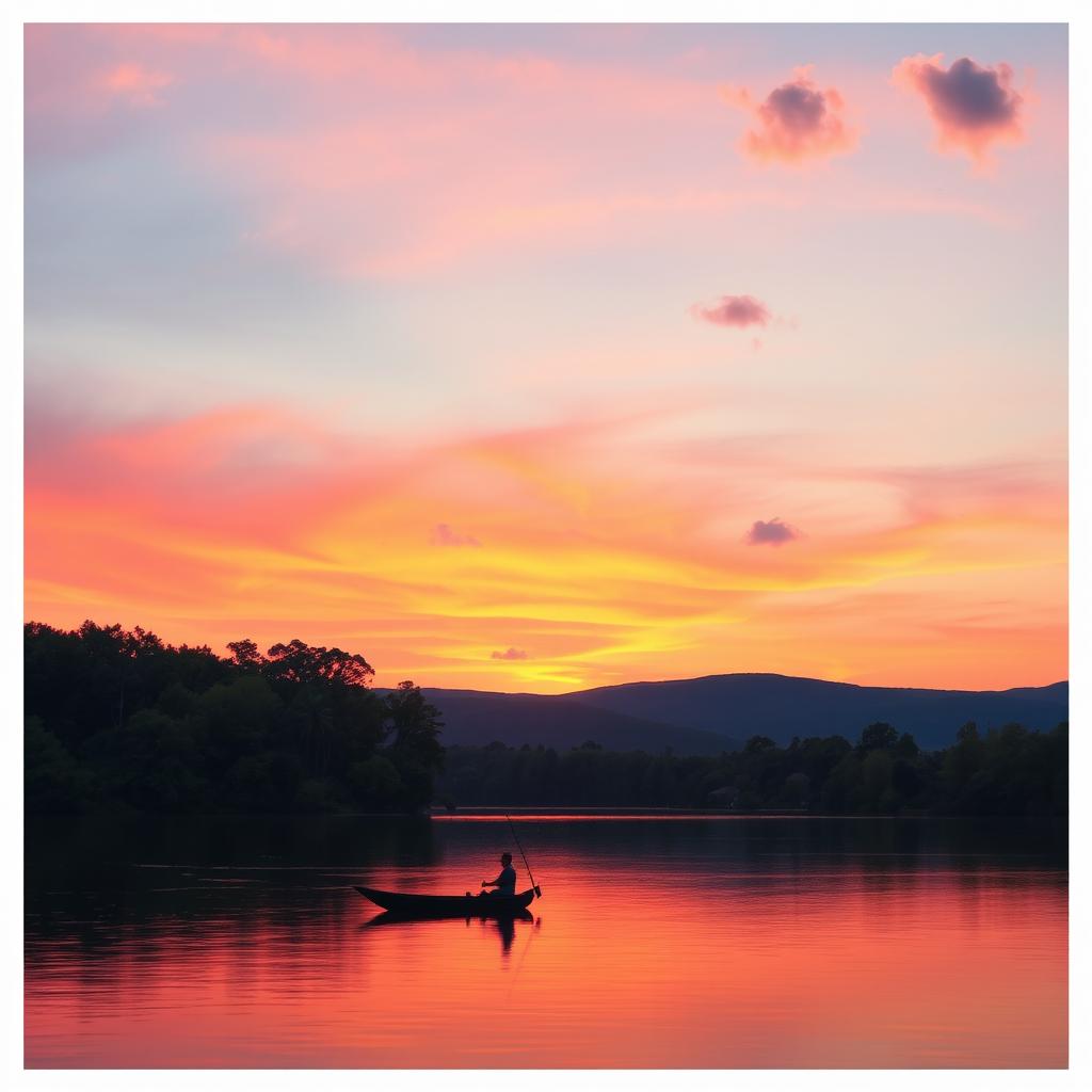 A serene sunset over a tranquil lake, with vibrant hues of orange, pink, and purple reflecting off the water