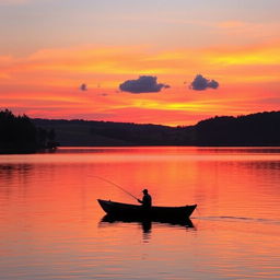 A serene sunset over a tranquil lake, with vibrant hues of orange, pink, and purple reflecting off the water