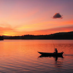 A serene sunset over a tranquil lake, with vibrant hues of orange, pink, and purple reflecting off the water