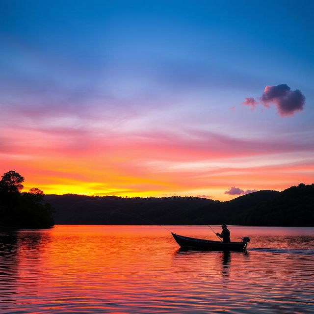 A serene sunset over a tranquil lake, with vibrant hues of orange, pink, and purple reflecting off the water