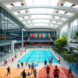 A modern, complex sports center featuring a large multi-sport indoor arena, an Olympic-sized swimming pool, and extensive fitness facilities