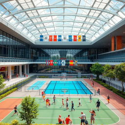 A modern, complex sports center featuring a large multi-sport indoor arena, an Olympic-sized swimming pool, and extensive fitness facilities