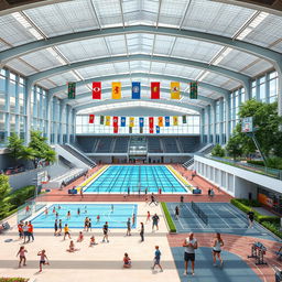 A modern, complex sports center featuring a large multi-sport indoor arena, an Olympic-sized swimming pool, and extensive fitness facilities