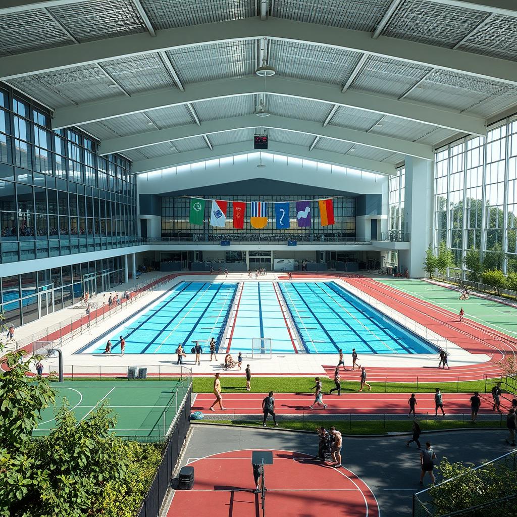 A modern, complex sports center featuring a large multi-sport indoor arena, an Olympic-sized swimming pool, and extensive fitness facilities