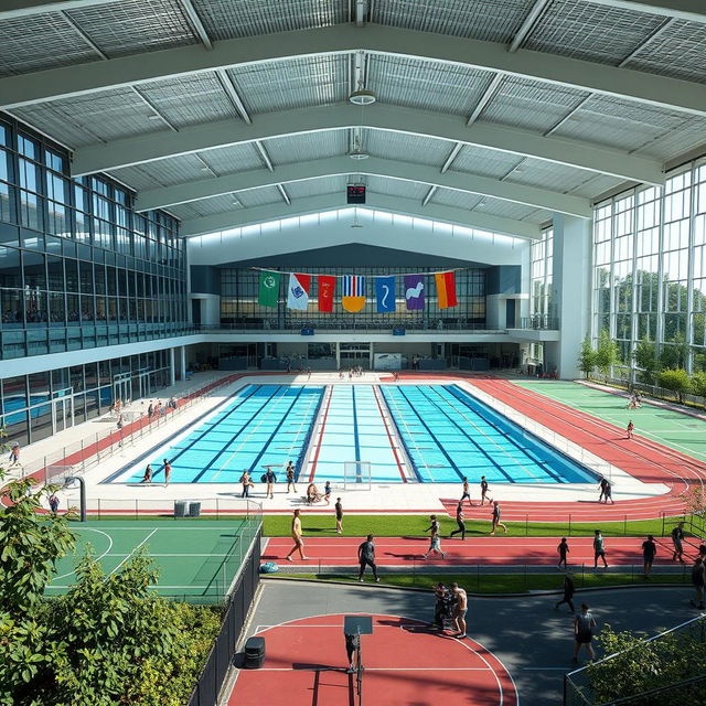 A modern, complex sports center featuring a large multi-sport indoor arena, an Olympic-sized swimming pool, and extensive fitness facilities