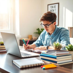 A focused student sitting at a beautifully arranged desk, diligently studying for their exams with a sleek laptop open in front of them and a stack of textbooks nearby