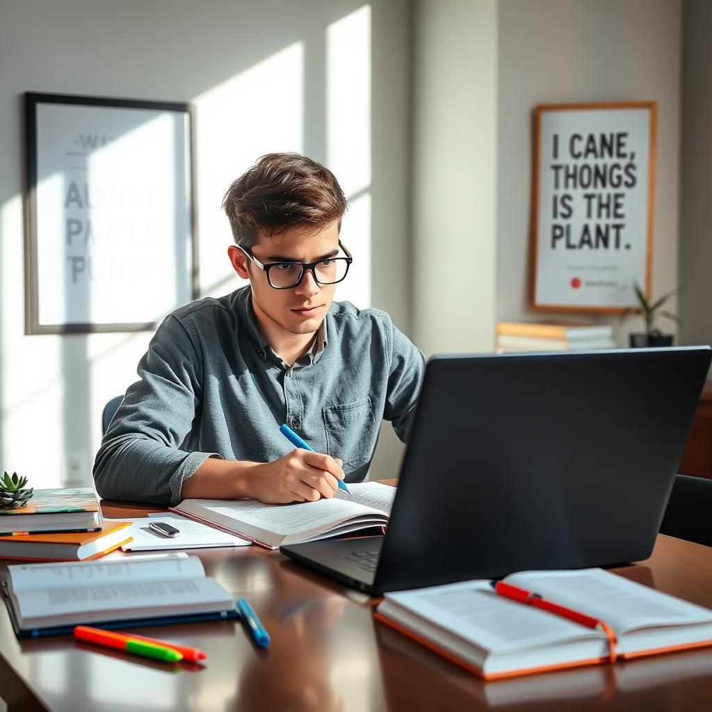 A focused student sitting at a beautifully arranged desk, diligently studying for their exams with a sleek laptop open in front of them and a stack of textbooks nearby