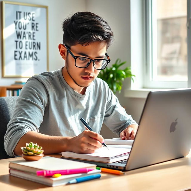 A focused student sitting at a beautifully arranged desk, diligently studying for their exams with a sleek laptop open in front of them and a stack of textbooks nearby