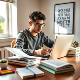 A focused student sitting at a beautifully arranged desk, diligently studying for their exams with a sleek laptop open in front of them and a stack of textbooks nearby