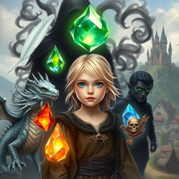 A young blonde girl with blue eyes, surrounded by five magical elements: a white feather, a water gem, a fire gem, a translucent gem, and an earth gem