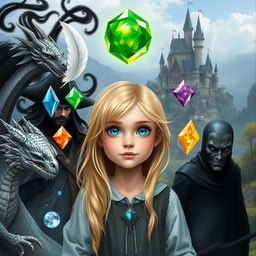 A young blonde girl with blue eyes, surrounded by five magical elements: a white feather, a water gem, a fire gem, a translucent gem, and an earth gem