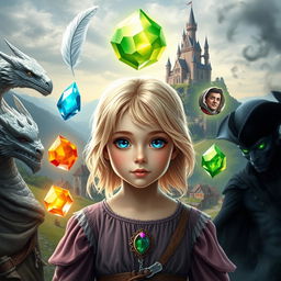 A young blonde girl with blue eyes, surrounded by five magical elements: a white feather, a water gem, a fire gem, a translucent gem, and an earth gem