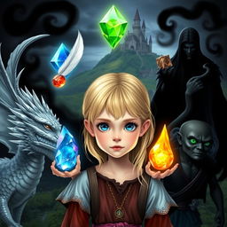 A young blonde girl with blue eyes, surrounded by five magical elements: a white feather, a water gem, a fire gem, a translucent gem, and an earth gem