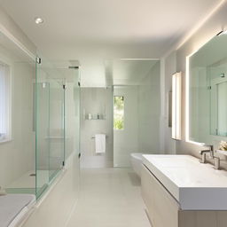 A clean, well-lit modern bathroom with gleaming white tiles, a sleek bathtub, a glass-enclosed shower, and upscale fixtures. Mirrors reflect the ambient light making the space look spacious and inviting.