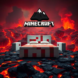 A striking image of a white and red bed inspired by Minecraft, prominently placed at the center of the scene