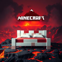 A striking image of a white and red bed inspired by Minecraft, prominently placed at the center of the scene