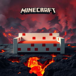 A striking image of a white and red bed inspired by Minecraft, prominently placed at the center of the scene