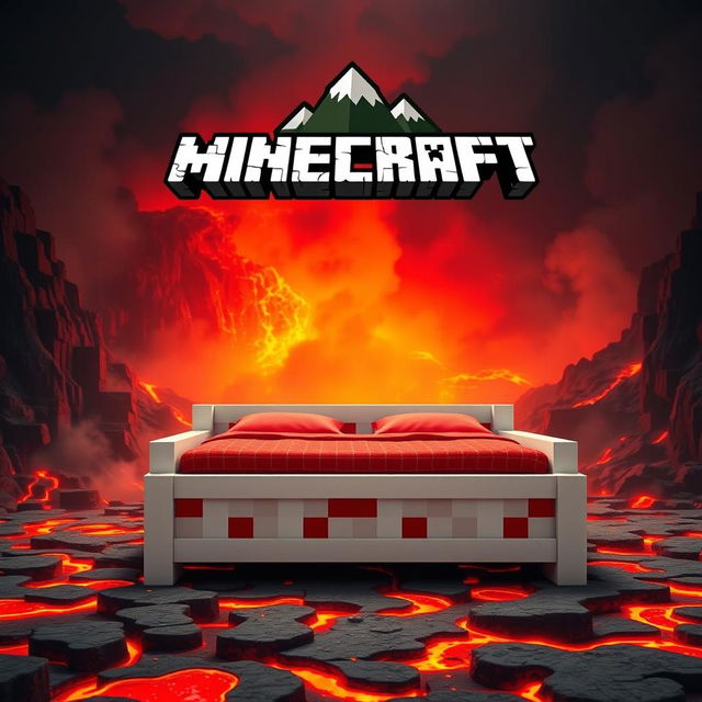 A striking image of a white and red bed inspired by Minecraft, prominently placed at the center of the scene