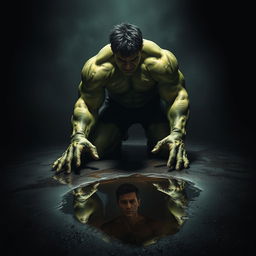A dramatic scene featuring the Incredible Hulk kneeling, appearing battered and exhausted, conveying a sense of vulnerability and weariness