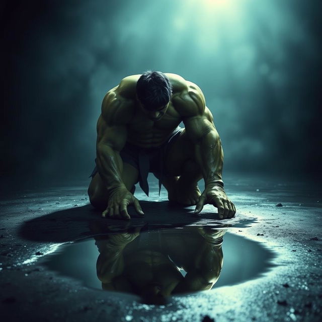 A dramatic scene featuring the Incredible Hulk kneeling, appearing battered and exhausted, conveying a sense of vulnerability and weariness