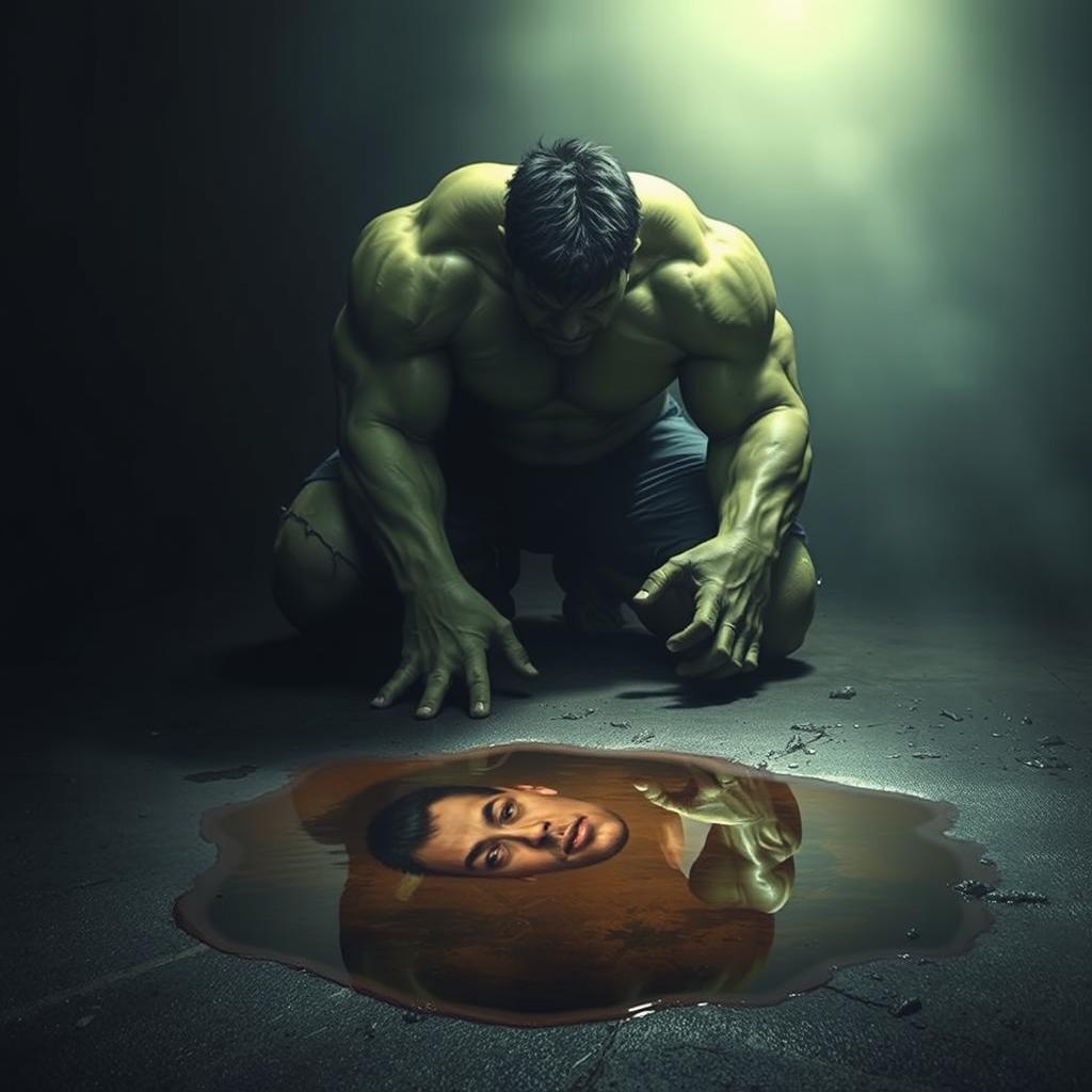 A dramatic scene featuring the Incredible Hulk kneeling, appearing battered and exhausted, conveying a sense of vulnerability and weariness