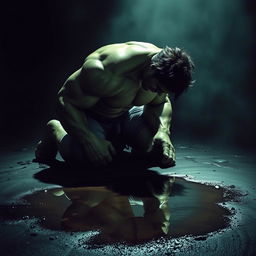 A dramatic scene featuring the Incredible Hulk kneeling, appearing battered and exhausted, conveying a sense of vulnerability and weariness