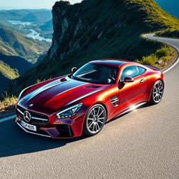 A stunning portrait of a Benz Celicak, a fictional and luxurious sports car, featuring a sleek aerodynamic design, a vibrant metallic paint job in a captivating shade of deep red