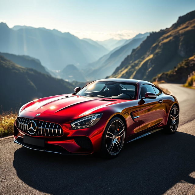 A stunning portrait of a Benz Celicak, a fictional and luxurious sports car, featuring a sleek aerodynamic design, a vibrant metallic paint job in a captivating shade of deep red