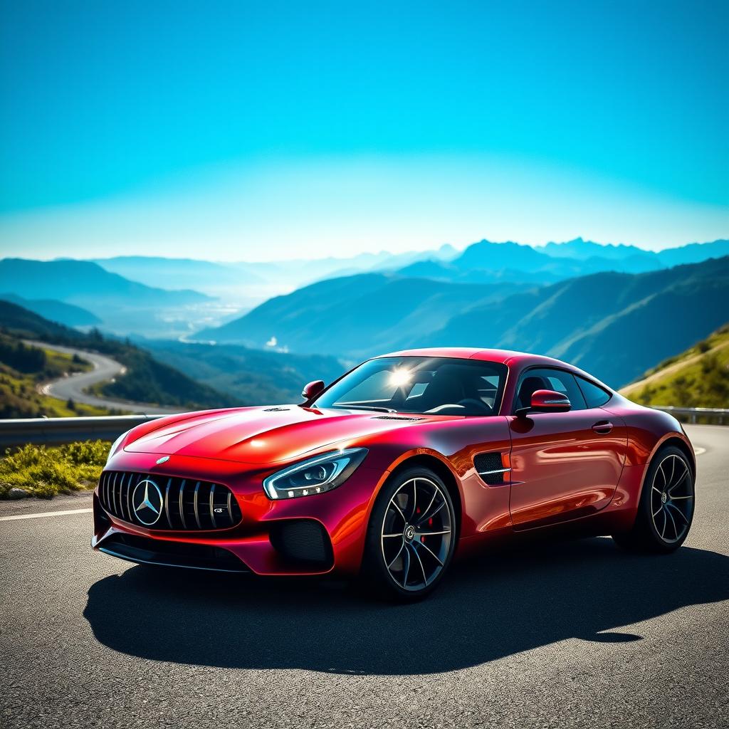A stunning portrait of a Benz Celicak, a fictional and luxurious sports car, featuring a sleek aerodynamic design, a vibrant metallic paint job in a captivating shade of deep red