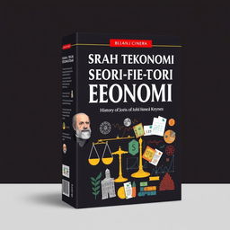 A striking book cover design for 'Sejarah Teori-teori Ekonomi' (History of Economic Theories)