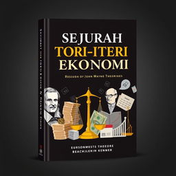 A striking book cover design for 'Sejarah Teori-teori Ekonomi' (History of Economic Theories)