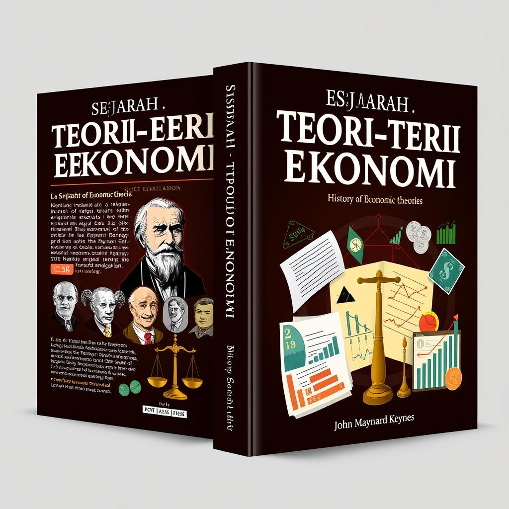 A striking book cover design for 'Sejarah Teori-teori Ekonomi' (History of Economic Theories)