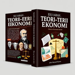 A striking book cover design for 'Sejarah Teori-teori Ekonomi' (History of Economic Theories)