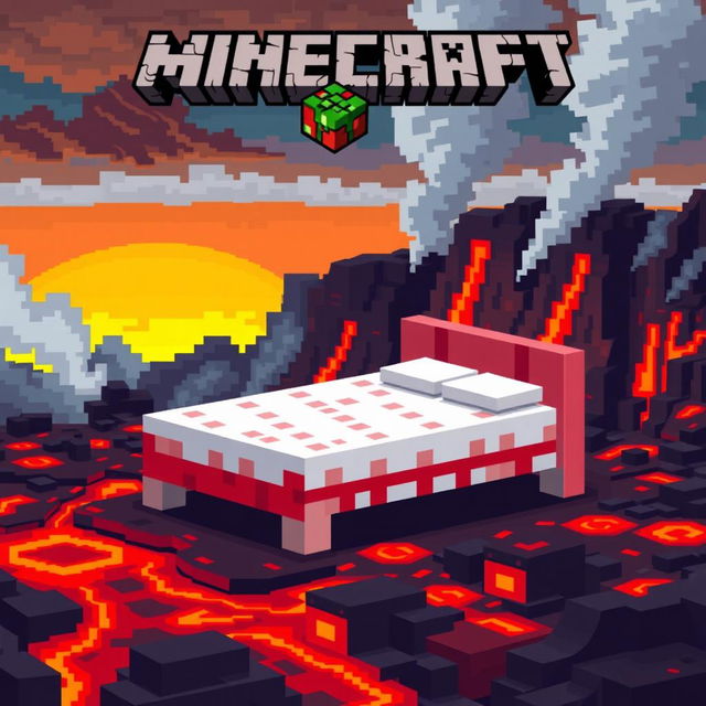 A pixel art style image featuring a white and red bed from Minecraft, prominently placed at the center of the composition