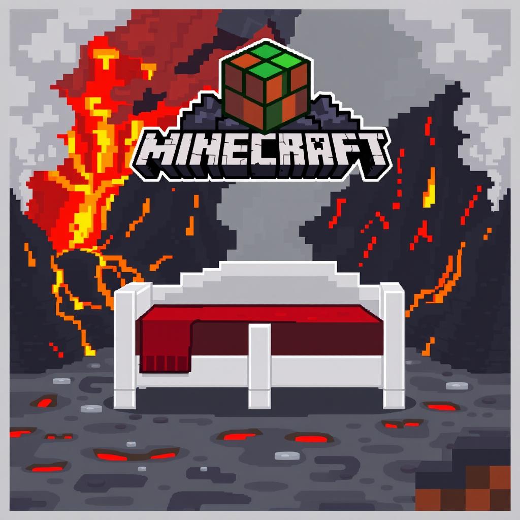 A pixel art style image featuring a white and red bed from Minecraft, prominently placed at the center of the composition