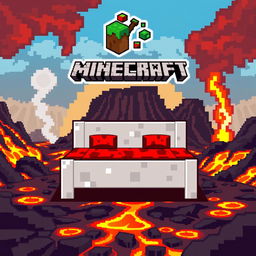 A pixel art style image featuring a white and red bed from Minecraft, prominently placed at the center of the composition
