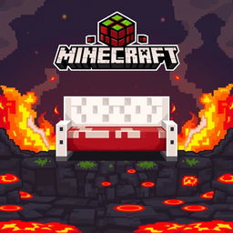 A pixel art style image featuring a white and red bed from Minecraft, prominently placed at the center of the composition