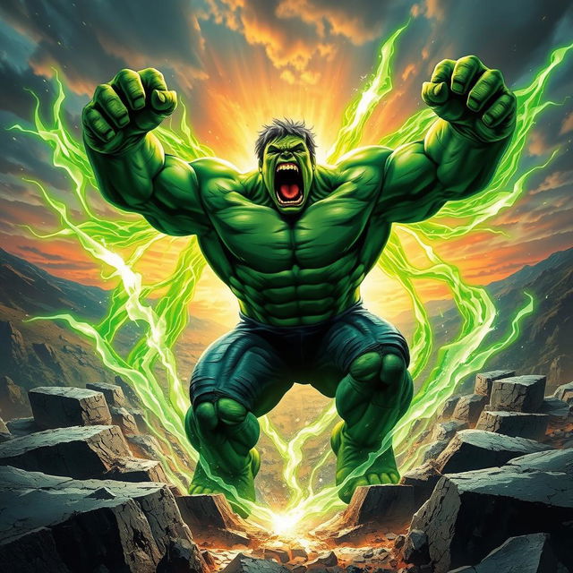 The Incredible Hulk unleashing an earth-shattering roar, his immense power manifesting as waves of vibrant green energy radiate outward from his body