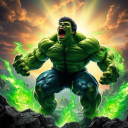 The Incredible Hulk unleashing an earth-shattering roar, his immense power manifesting as waves of vibrant green energy radiate outward from his body
