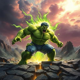 The Incredible Hulk unleashing an earth-shattering roar, his immense power manifesting as waves of vibrant green energy radiate outward from his body