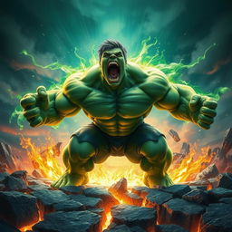 The Incredible Hulk unleashing an earth-shattering roar, his immense power manifesting as waves of vibrant green energy radiate outward from his body
