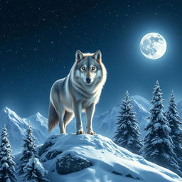 A majestic wolf standing on a snowy mountain peak under a starry night sky