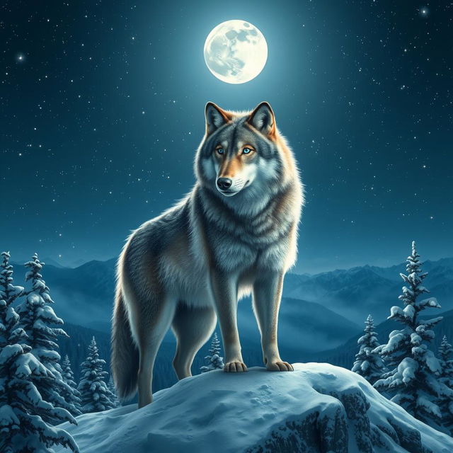 A majestic wolf standing on a snowy mountain peak under a starry night sky