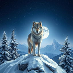 A majestic wolf standing on a snowy mountain peak under a starry night sky