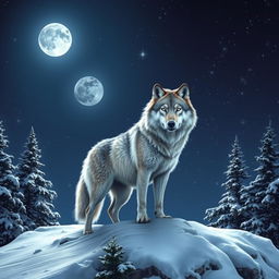 A majestic wolf standing on a snowy mountain peak under a starry night sky