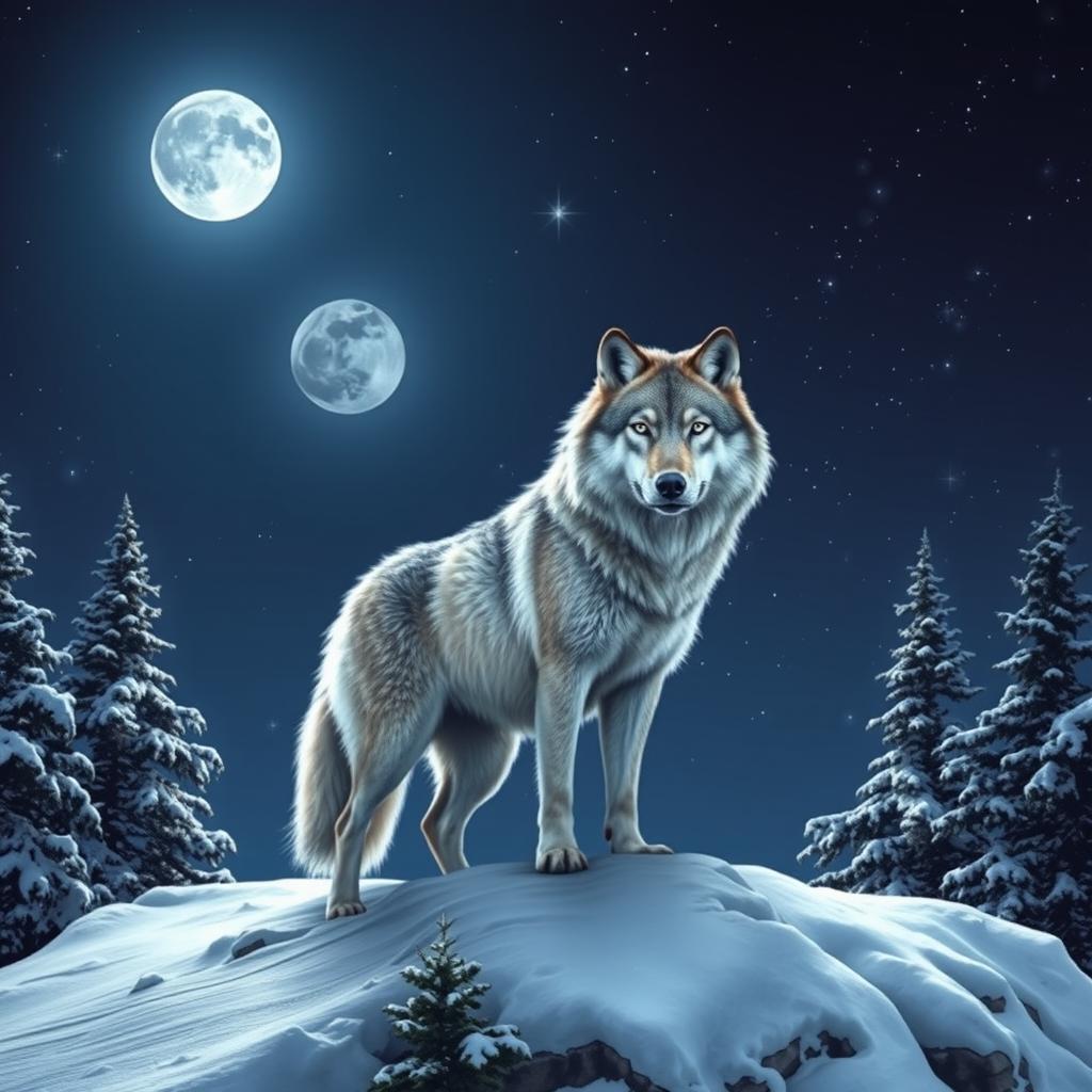 A majestic wolf standing on a snowy mountain peak under a starry night sky