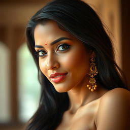 A stunning portrait of a hot Indian woman with long, flowing black hair, showcasing her captivating beauty