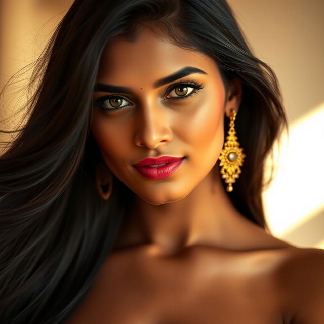 A stunning portrait of a hot Indian woman with long, flowing black hair, showcasing her captivating beauty