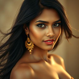 A stunning portrait of a hot Indian woman with long, flowing black hair, showcasing her captivating beauty